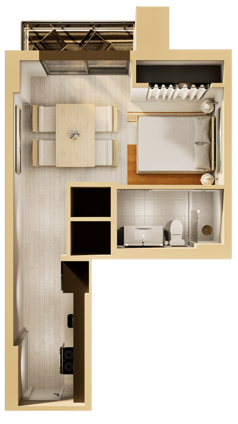 A diagram of a house with a kitchen, living room, and bathroom.